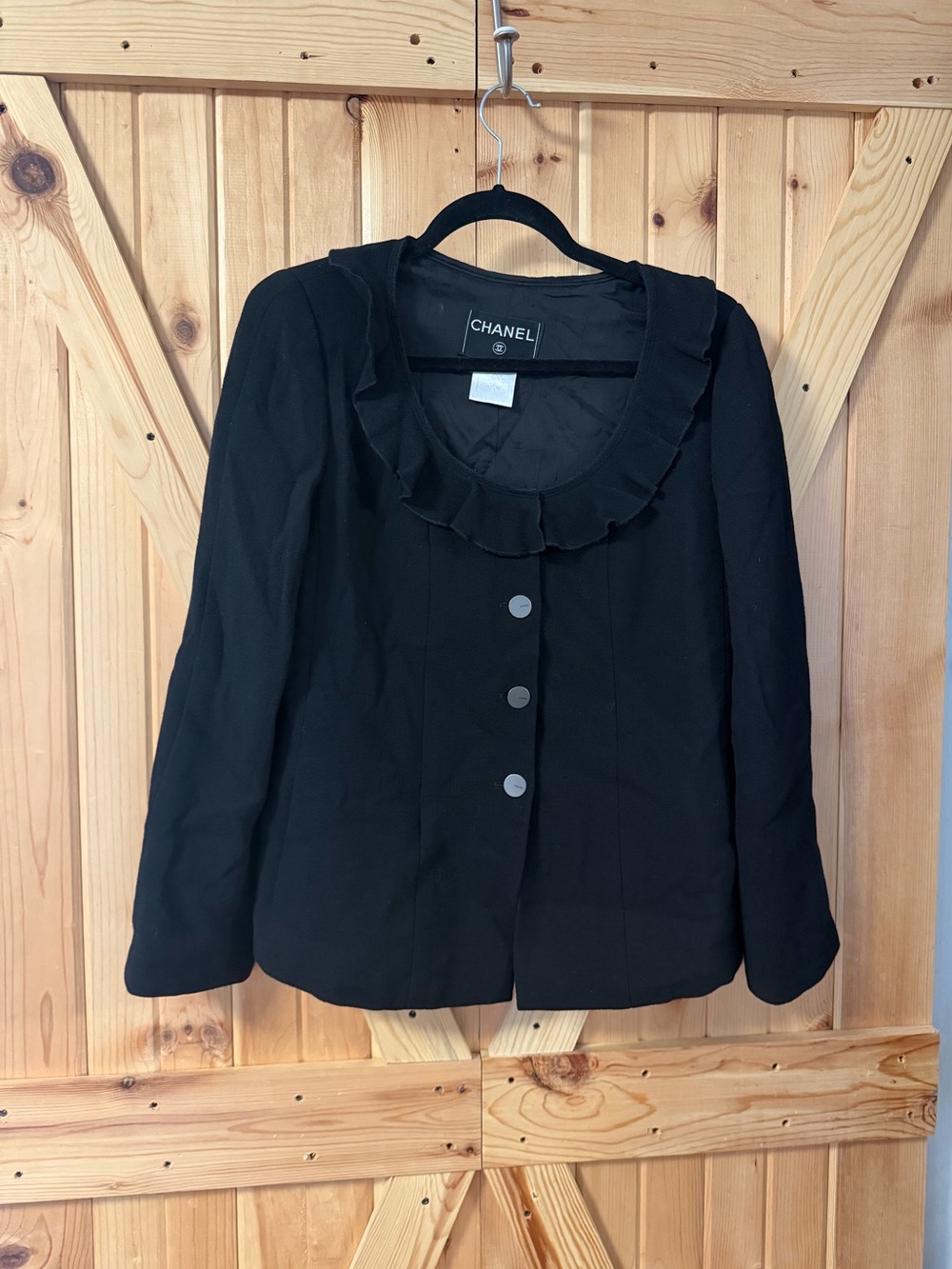Vintage Chanel Black Wool Jacket with Ruffle Neck